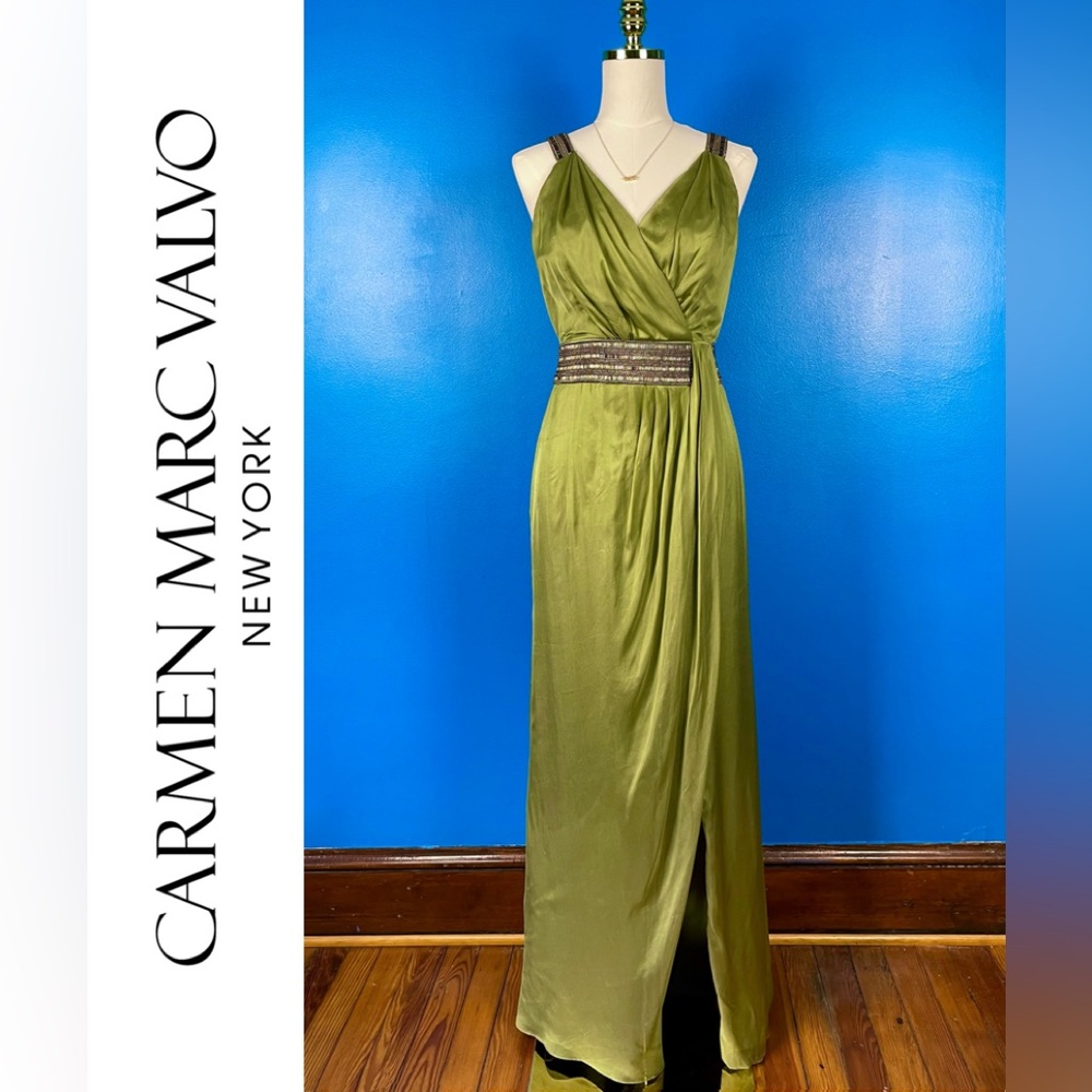 CARMEN MARC VALVO Silk Grecian Goddess Evening Gown in Olive, Size 2
